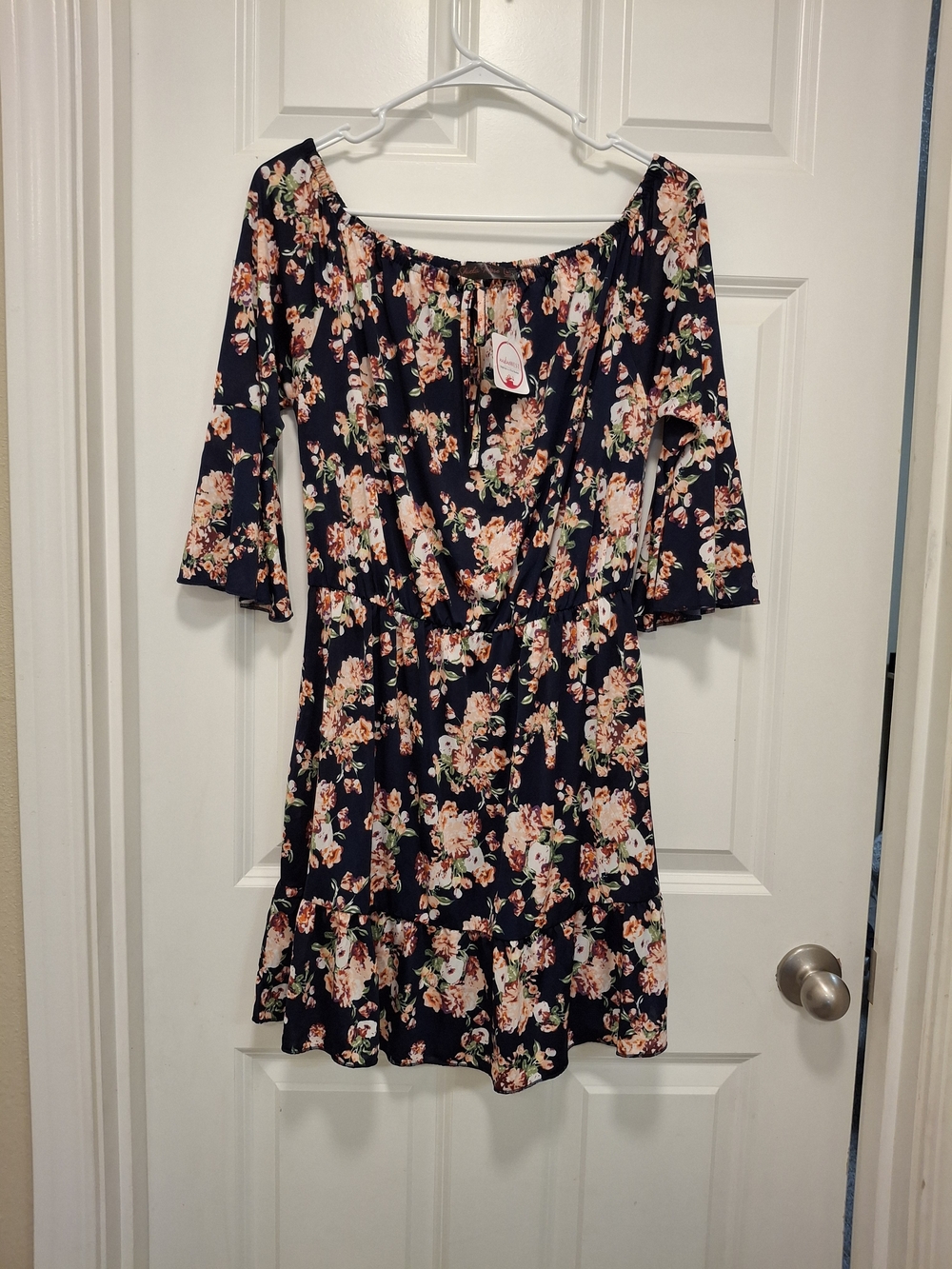 Floral Navy Off-Shoulder Mini Dress with Bell Sleeves